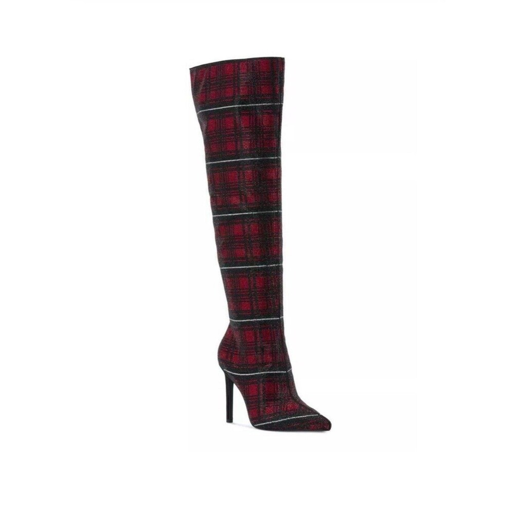 NEW INC SAVERIA RHINESTONE RED PLAID OVER-THE-KNEE BOOTS 6
